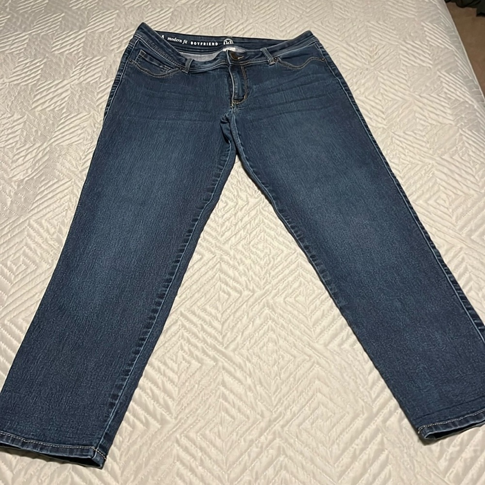 Size 8 Modern fit Boyfriend jeans in lightly distressed navy blue 26” inseam
